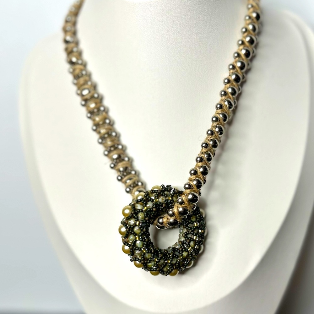 Artisan Bohemian Vintage Beaded Donut‎ Pendant Jute Braided Statement Necklace